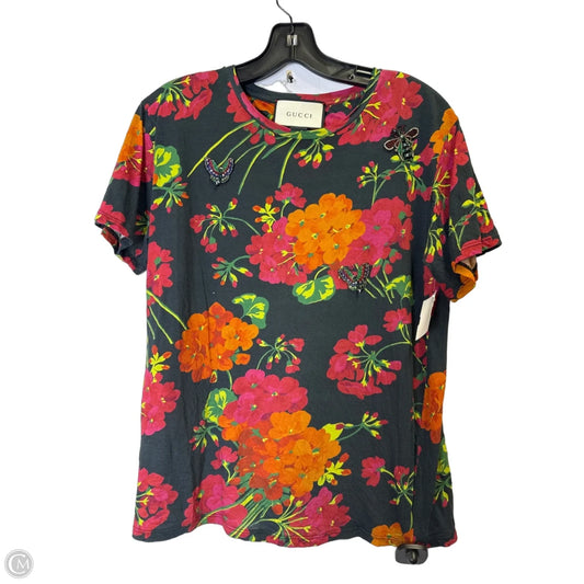 Top Short Sleeve Luxury Designer By Gucci In Floral Print, Size: Xl