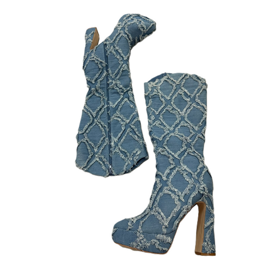 Boots Knee Heels By Fashion Nova In Blue Denim, Size: 8.5