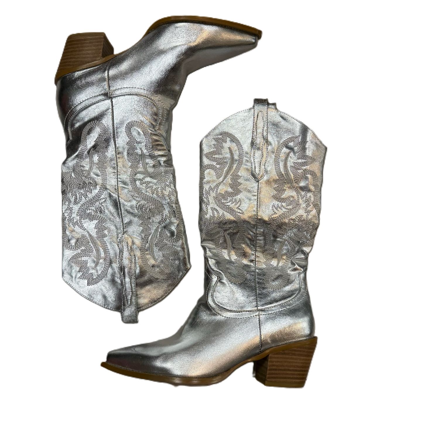 Boots Mid-calf Heels By Clothes Mentor In Silver, Size: 9