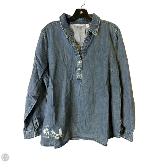 Top Long Sleeve By D&co. In Blue Denim, Size: Xl